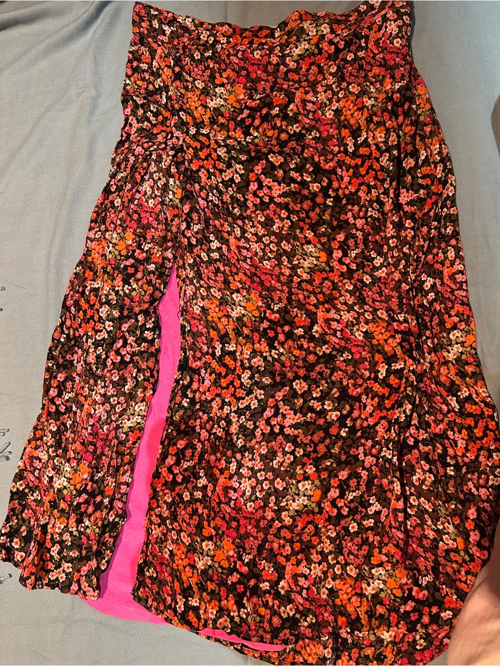 Floral Print Women's Midi Skirt in Black with Pink & Orange Accents